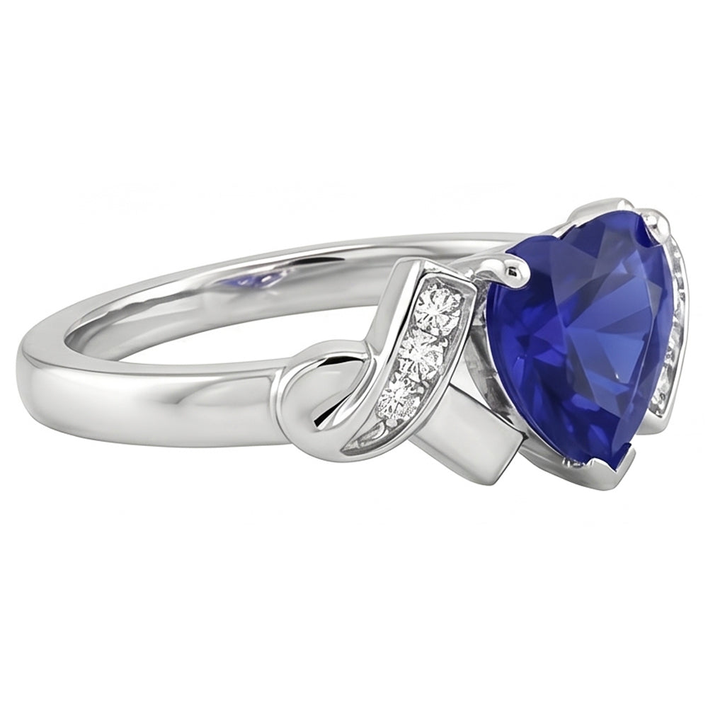 Blue Sapphire Natural Earth Mined Diamond Heart Ring Ribbon Style 2 Carats Ladies Jewellery