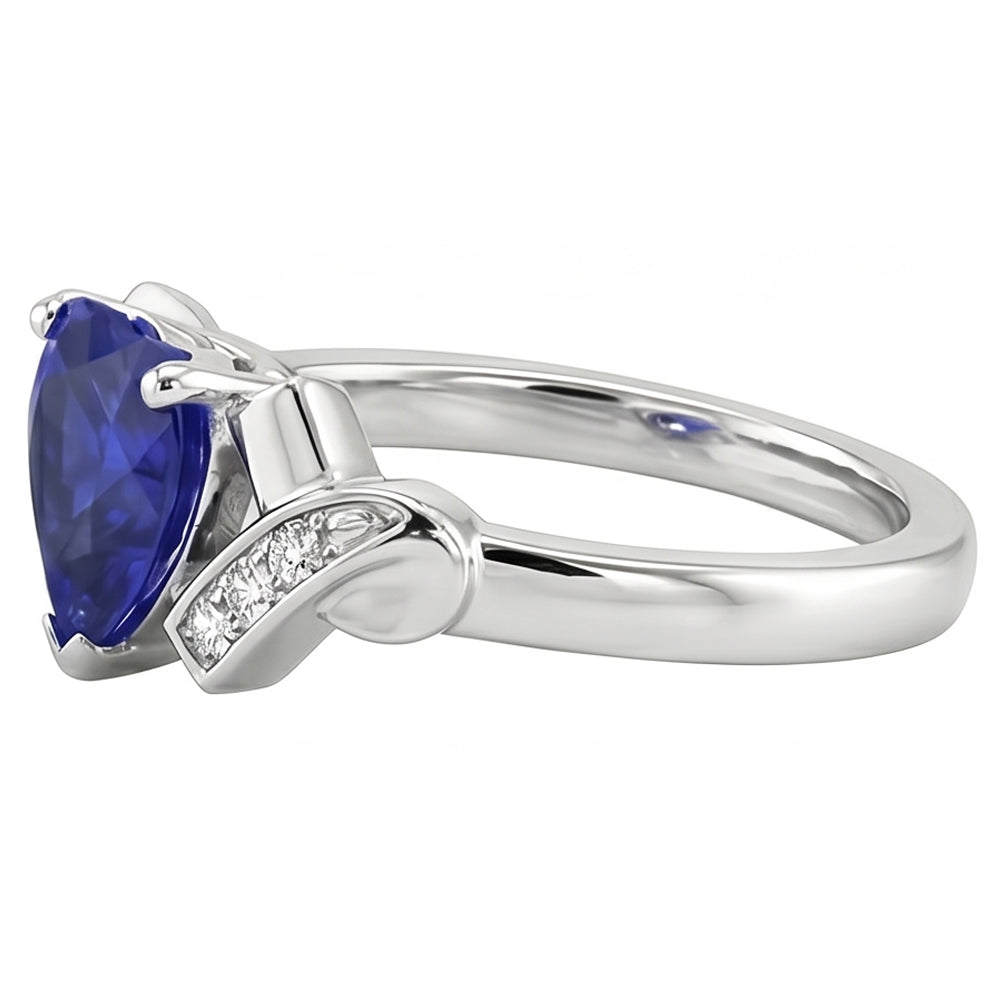 Blue Sapphire Natural Earth Mined Diamond Heart Ring Ribbon Style 2 Carats Ladies Jewellery