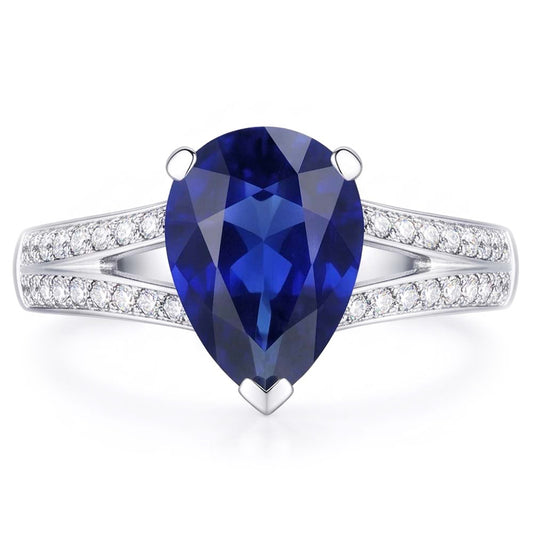Blue Sapphire Natural Earth Mined Diamond Ring Split Shank 3 Carats White Gold 14K
