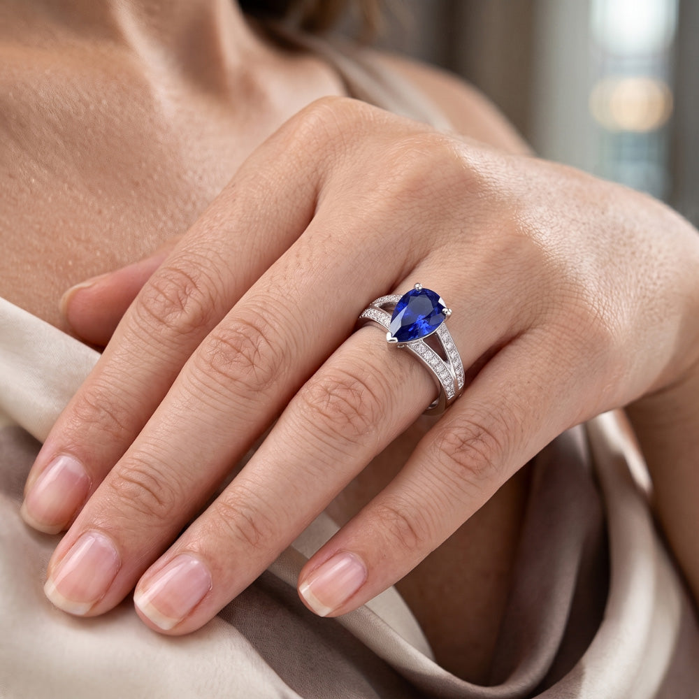 Blue Sapphire Natural Earth Mined Diamond Ring Split Shank 3 Carats White Gold 14K