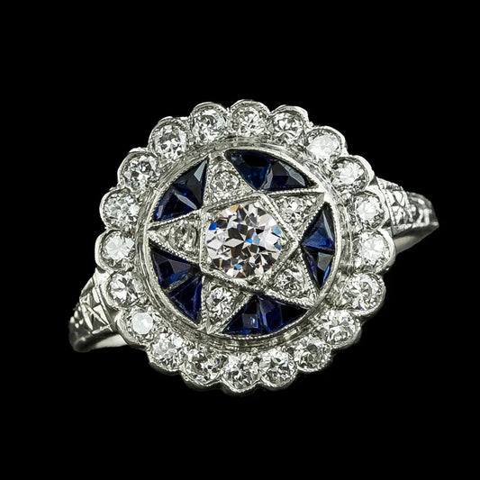 Blue Sapphire Old Cut Round Real Diamond Ring Flower Star Style 3 Carats