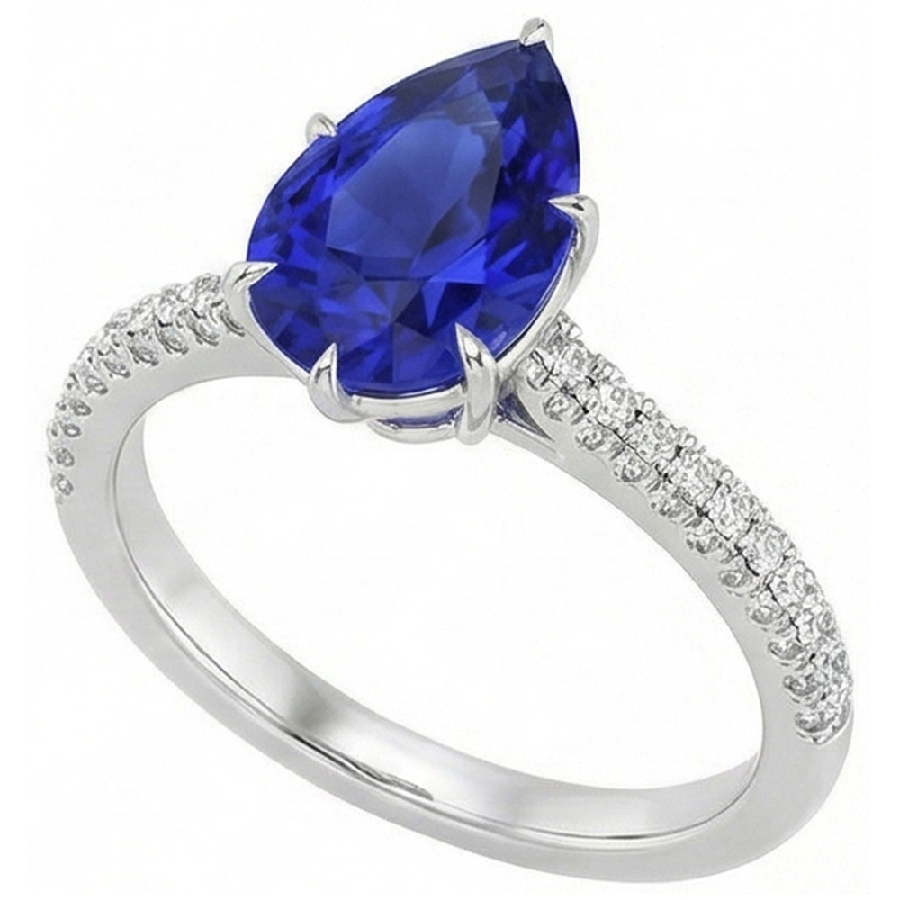 Blue Sapphire Ring With Natural Earth Mined Diamond Accents Pear Cut Gemstone 5 Carats