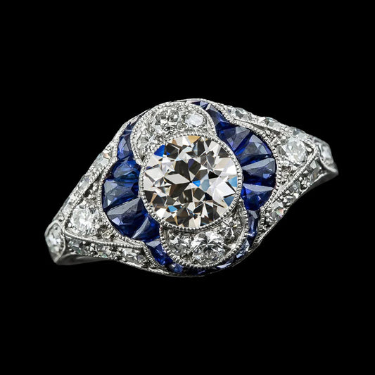 Blue Sapphire Round Old Mine Cut Real Diamond Ring 5 Carats Gold 14K