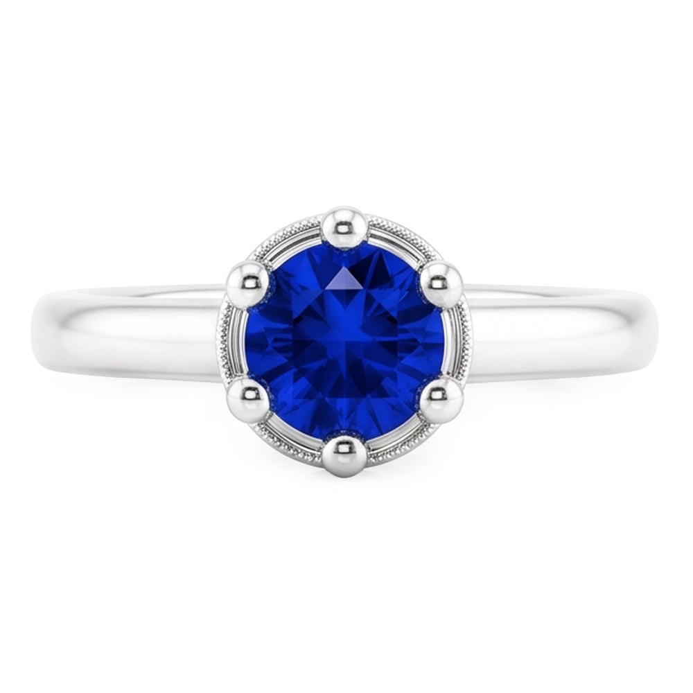 Blue Sapphire Round Ring Prong Style 1.25 Carats White Gold 14K