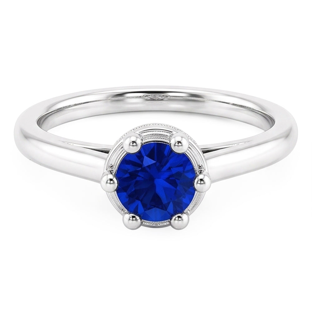Blue Sapphire Round Ring Prong Style 1.25 Carats White Gold 14K