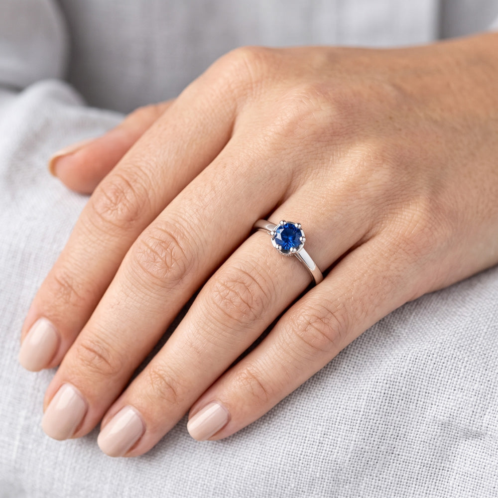 Blue Sapphire Round Ring Prong Style 1.25 Carats White Gold 14K