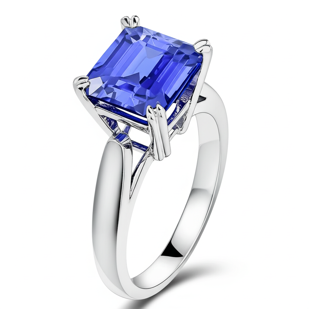 Blue Sapphire Solitaire Engagement Emerald Ring 2 Carats Prong Set