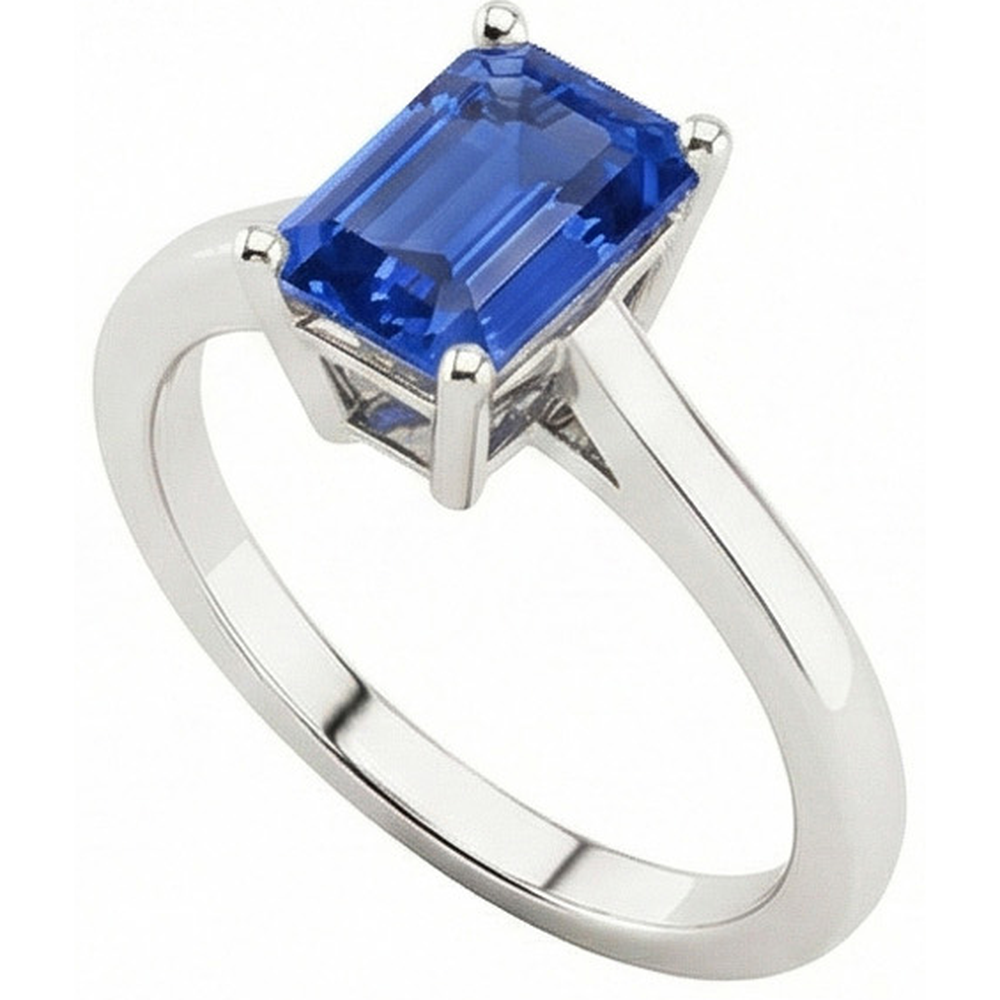 Blue Sapphire Solitaire Ring 2 Carats Basket Set Emerald Cut Jewellery