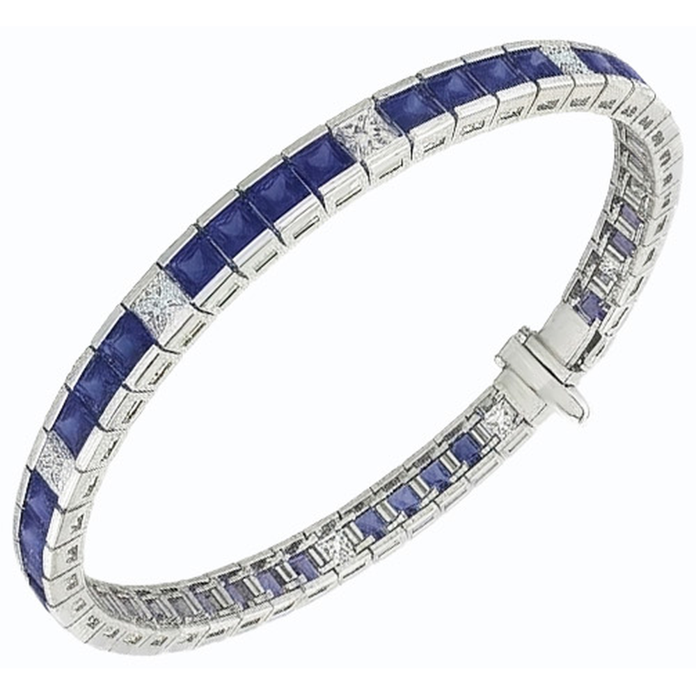 Blue Sapphire Tennis Bracelet Princess Cut 25 Carats White Gold 14K