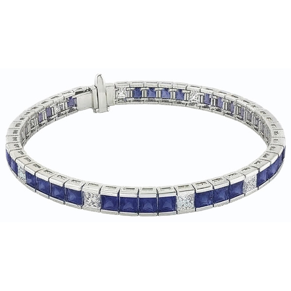 Blue Sapphire Tennis Bracelet Princess Cut 25 Carats White Gold 14K
