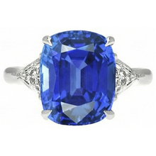 Blue Sapphire Three Stone Ring Oval & Trillion Natural Earth Mined Diamonds 4.50 Carats