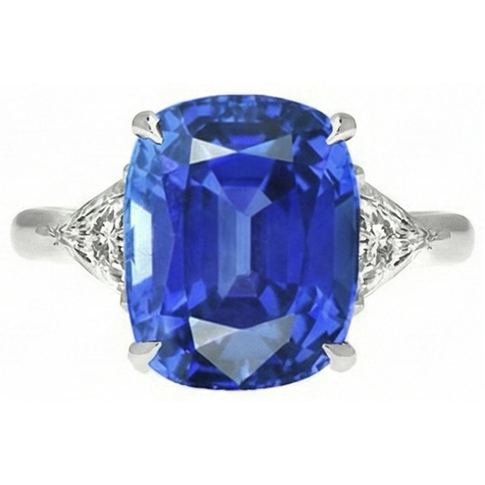 Blue Sapphire Three Stone Ring Oval & Trillion Natural Earth Mined Diamonds 4.50 Carats