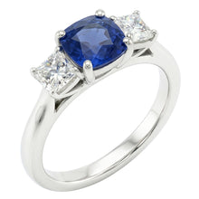 Blue Sapphire Three Stone Ring & Cushion Natural Earth Mined Diamonds 2 Carats Gold 14K