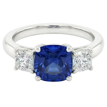 Blue Sapphire Three Stone Ring & Cushion Natural Earth Mined Diamonds 2 Carats Gold 14K