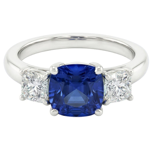 Blue Sapphire Three Stone Ring & Cushion Natural Earth Mined Diamonds 2 Carats Gold 14K