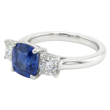 Blue Sapphire Three Stone Ring & Cushion Natural Earth Mined Diamonds 2 Carats Gold 14K