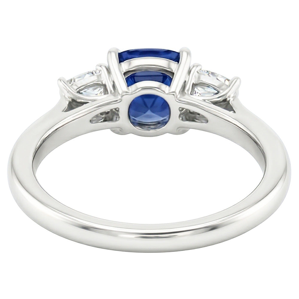 Blue Sapphire Three Stone Ring & Cushion Natural Earth Mined Diamonds 2 Carats Gold 14K