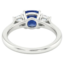 Blue Sapphire Three Stone Ring & Cushion Natural Earth Mined Diamonds 2 Carats Gold 14K