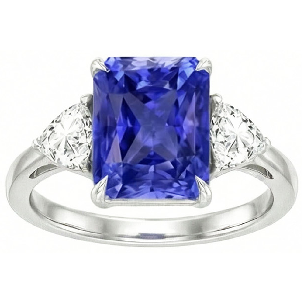 Blue Sapphire Trilliant Natural Earth Mined Diamond 3 Stone Ring 3 Carats Trellis Setting