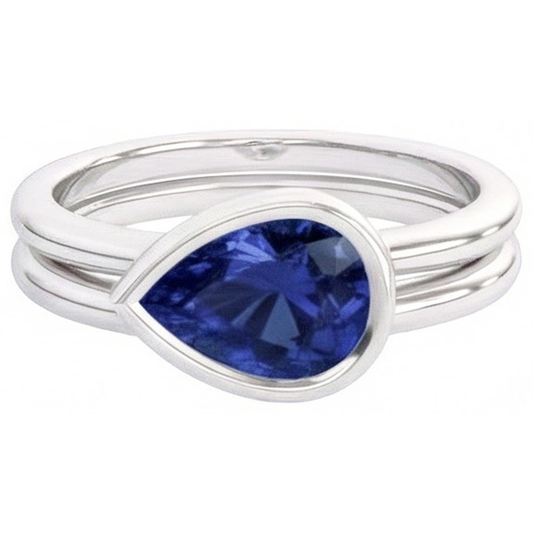 Pear Cut Cornflower Blue Sapphire ring in 14K White Gold – front view