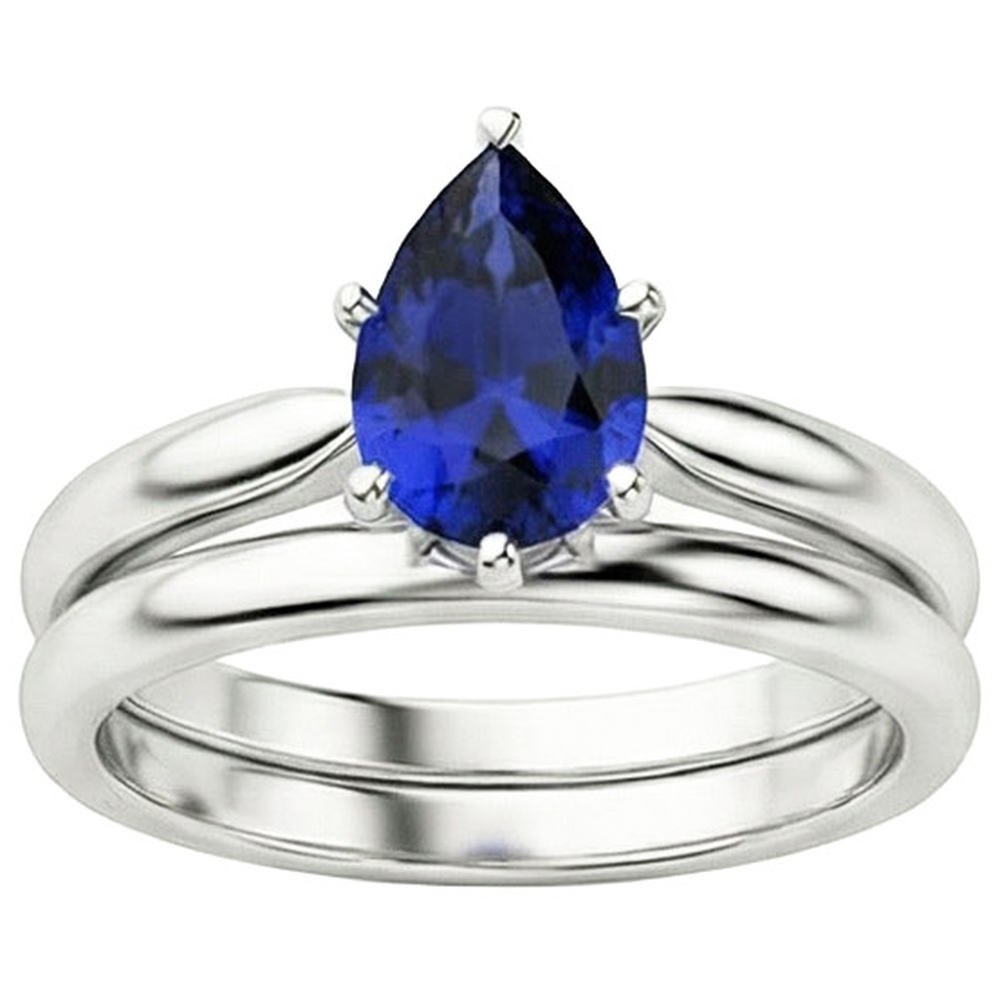 Blue Sapphire Wedding Ring Set Solitaire Pear Cut Sri Lankan 2 Carats