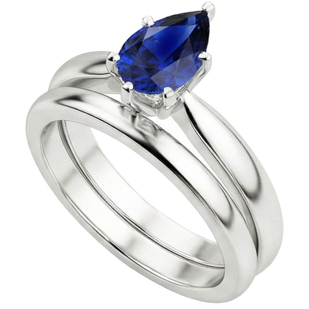 Blue Sapphire Wedding Ring Set Solitaire Pear Cut Sri Lankan 2 Carats