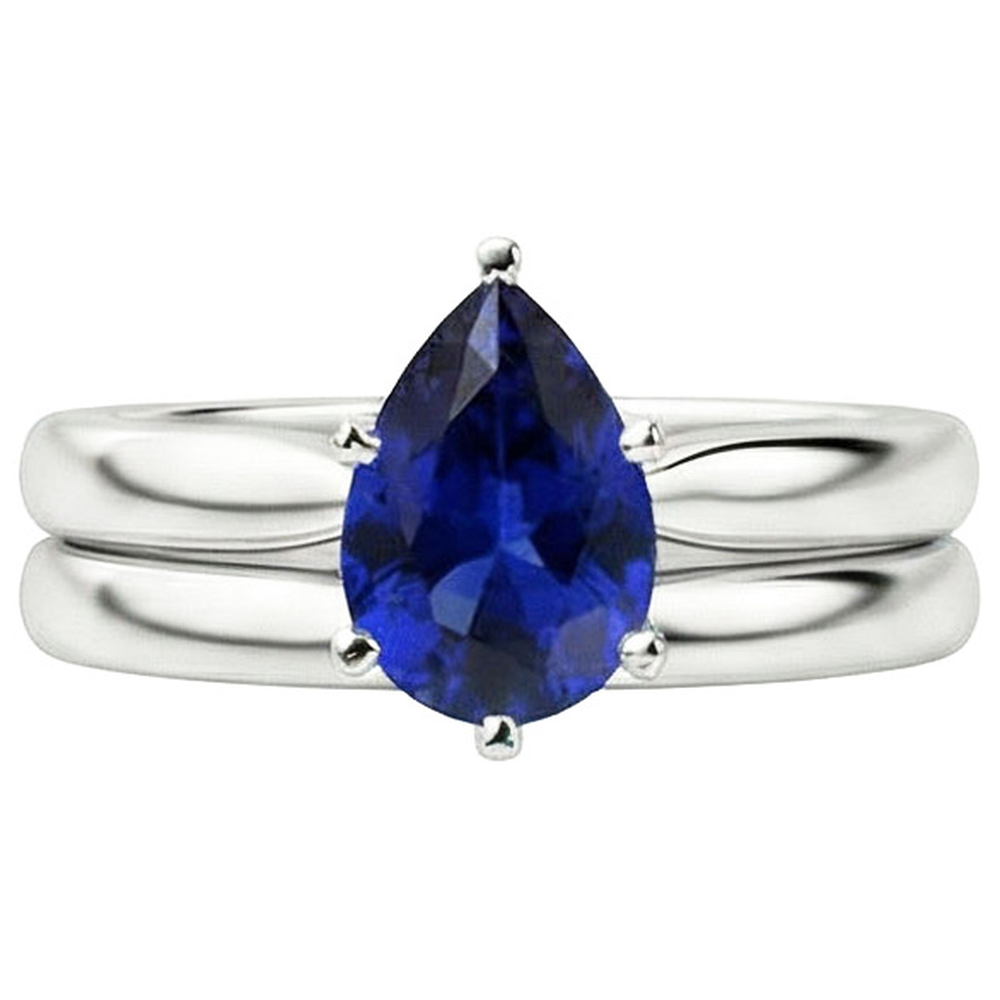 Blue Sapphire Wedding Ring Set Solitaire Pear Cut Sri Lankan 2 Carats