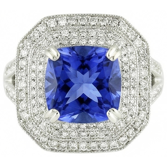 Blue Sapphire With Natural Earth Mined Diamond Halo Ring