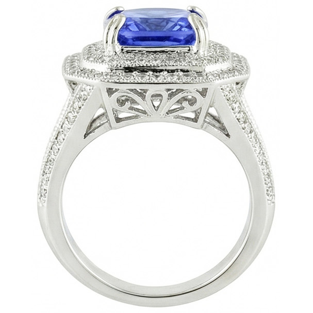 Blue Sapphire With Natural Earth Mined Diamond Halo Ring