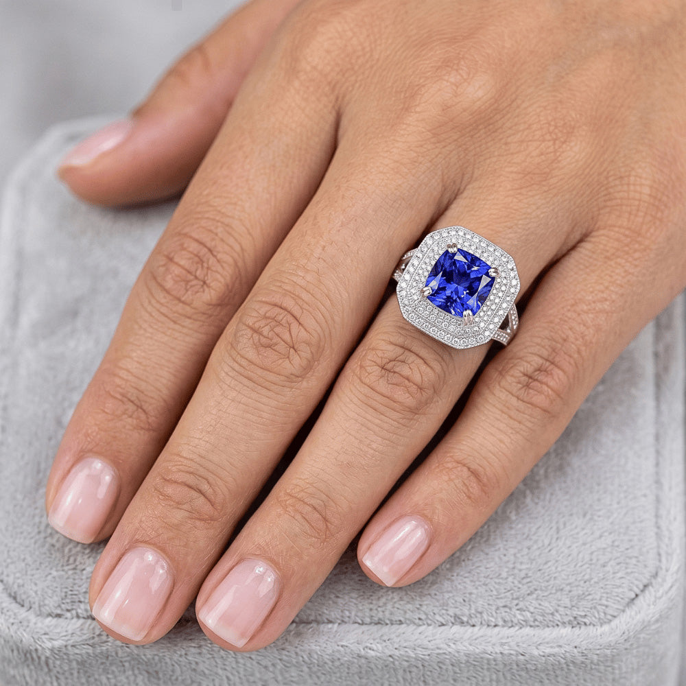 Blue Sapphire With Natural Earth Mined Diamond Halo Ring