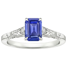 Blue Sapphire & Natural Earth Mined Diamond 3 Stones Ring 3.25 Carats Emerald Cut