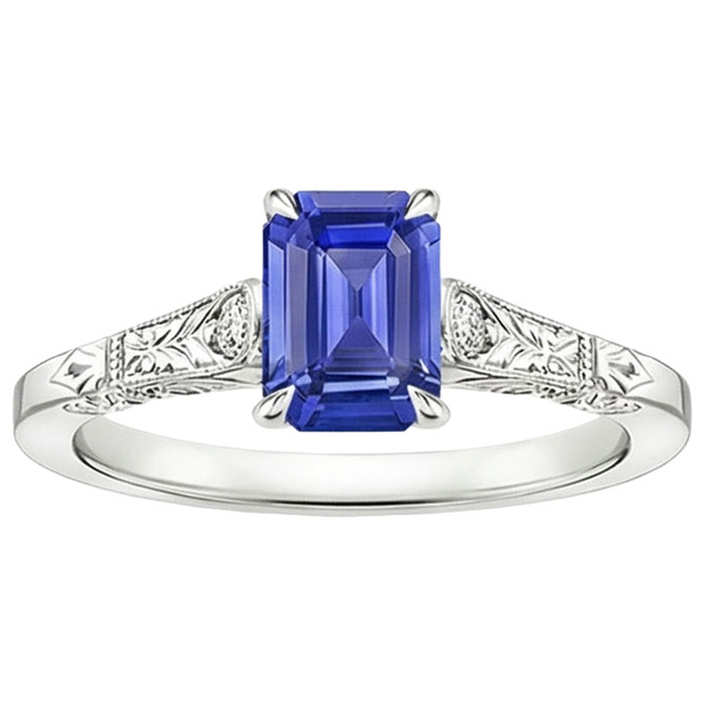 Blue Sapphire & Natural Earth Mined Diamond 3 Stones Ring 3.25 Carats Emerald Cut