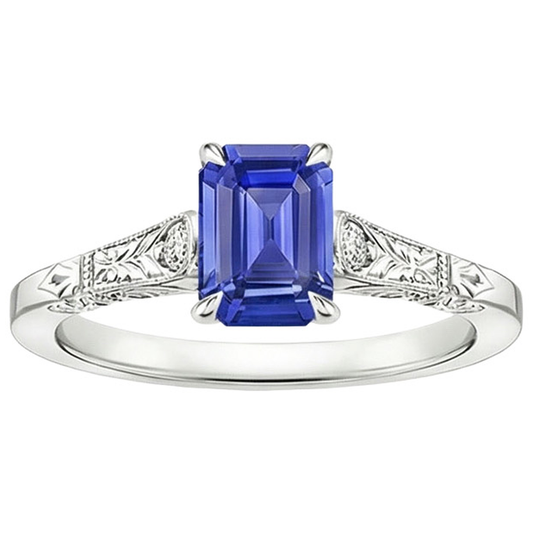 Blue Sapphire & Natural Earth Mined Diamond 3 Stones Ring 3.25 Carats Emerald Cut