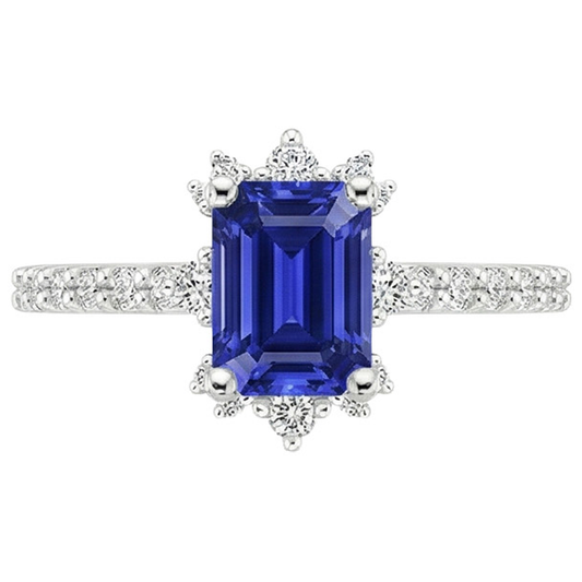 Blue Sapphire & Natural Earth Mined Diamond Ring 4.25 Carat Emerald Solitaire With Accents
