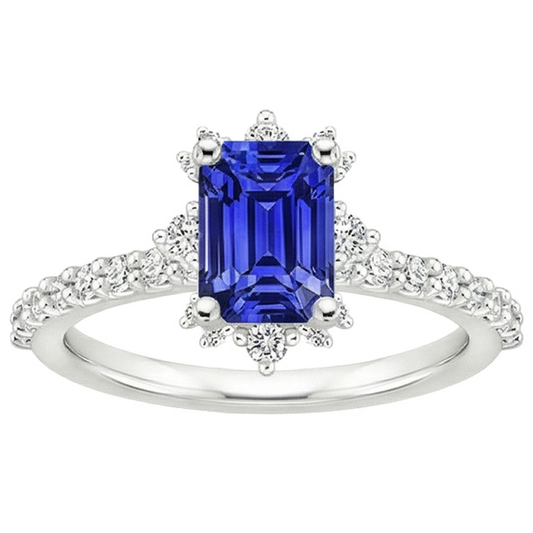 Blue Sapphire & Natural Earth Mined Diamond Ring 4.25 Carat Emerald Solitaire With Accents
