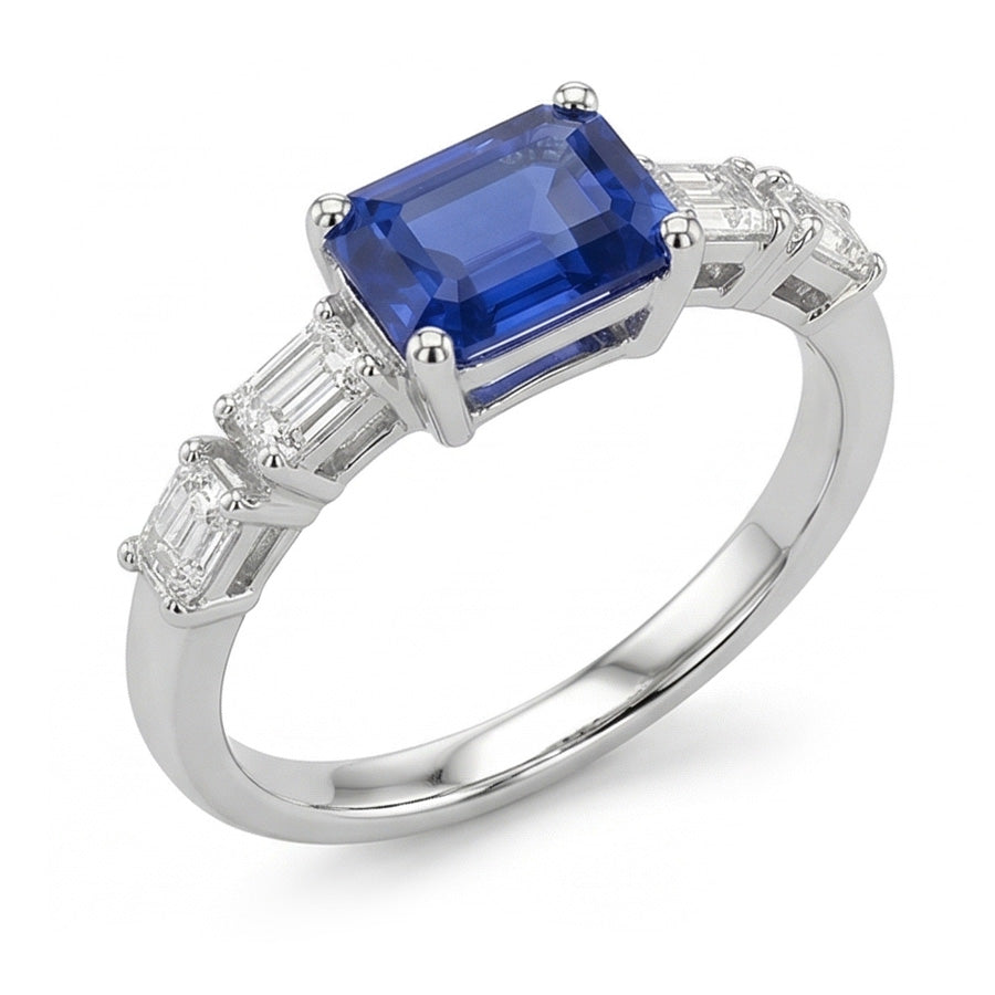 Blue Sapphire & Natural Earth Mined Diamond Ring Emerald 2.50 Carats 5 Stone Jewellery