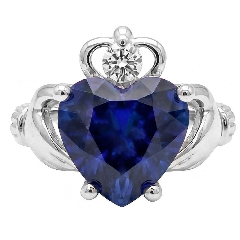 Blue Sapphire & Natural Earth Mined Diamond Ring Heart Shaped 2.25 Carats White Gold 14K