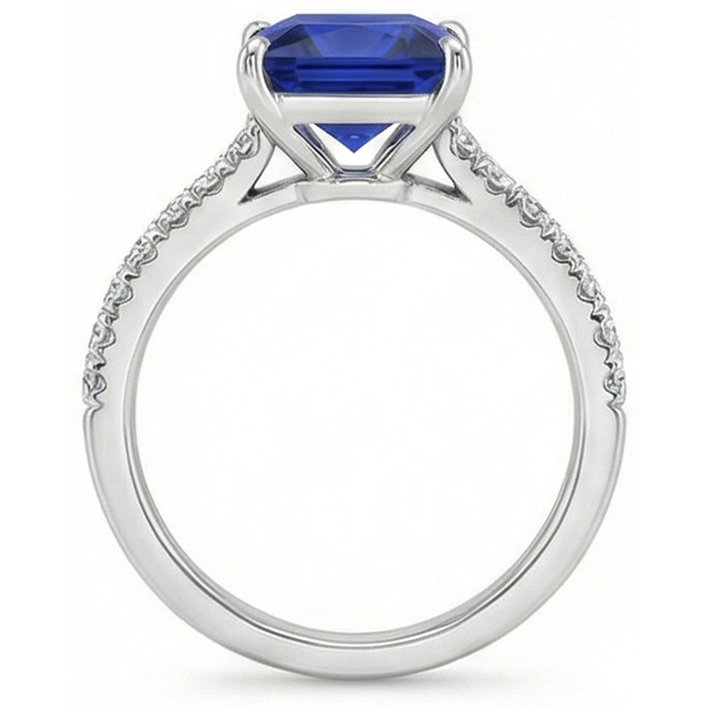 Blue Sapphire & Natural Earth Mined Diamond Solitaire Accents Ring 5.50 Carat Princess Cut