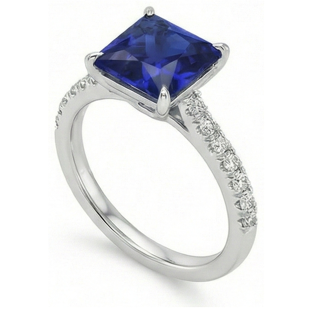 Blue Sapphire & Natural Earth Mined Diamond Solitaire Accents Ring 5.50 Carat Princess Cut