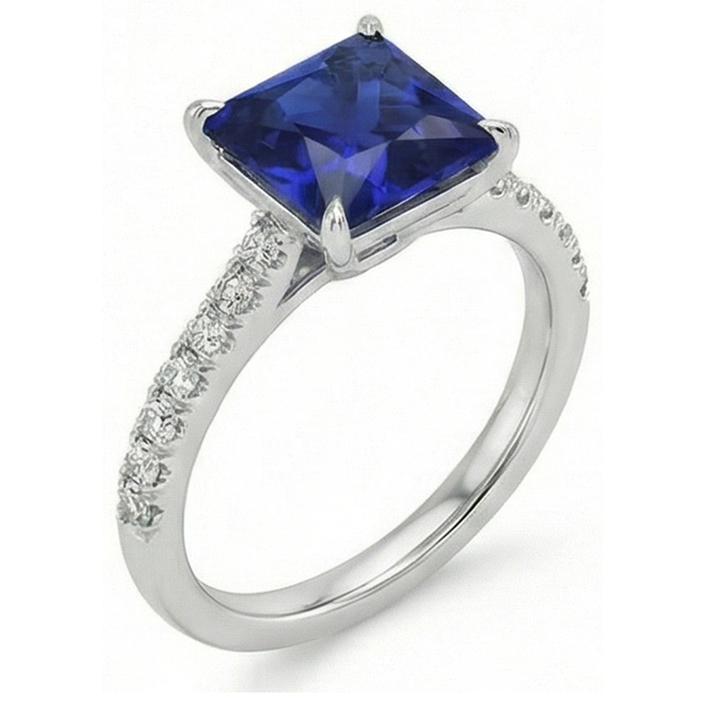 Blue Sapphire & Natural Earth Mined Diamond Solitaire Accents Ring 5.50 Carat Princess Cut
