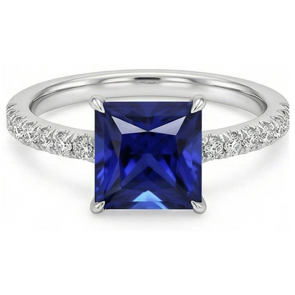Blue Sapphire & Natural Earth Mined Diamond Solitaire Accents Ring 5.50 Carat Princess Cut