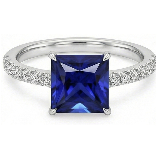 Blue Sapphire & Natural Earth Mined Diamond Solitaire Accents Ring 5.50 Carat Princess Cut