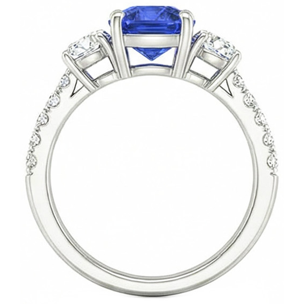 Blue Sapphire & Round Natural Earth Mined Diamond Ring 3.50 Carats 3 Stone Style Jewellery