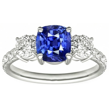 Blue Sapphire & Round Natural Earth Mined Diamond Ring 3.50 Carats 3 Stone Style Jewellery