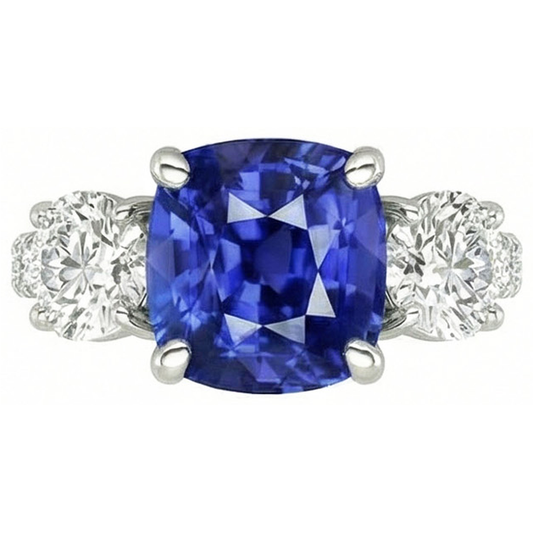 Blue Sapphire & Round Natural Earth Mined Diamond Ring 3.50 Carats 3 Stone Style Jewellery