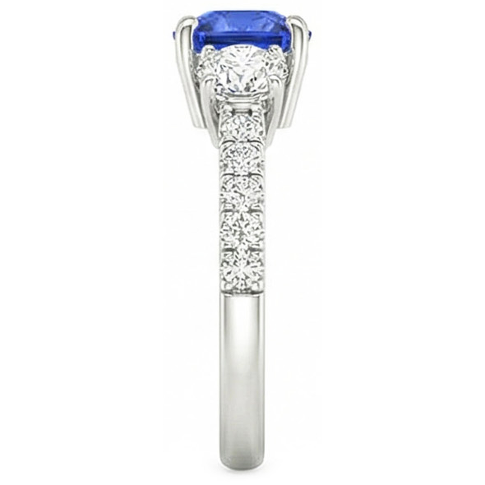 Blue Sapphire & Round Natural Earth Mined Diamond Ring 3.50 Carats 3 Stone Style Jewellery
