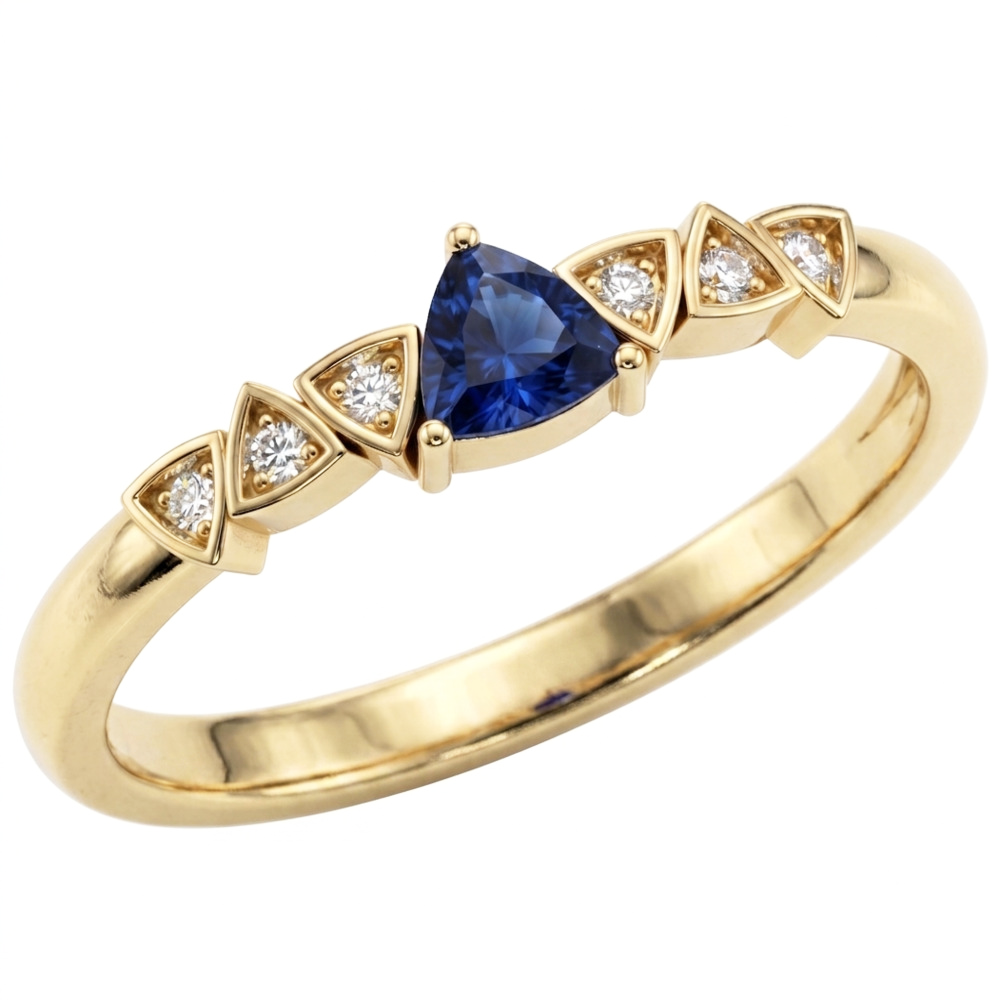 Blue Sapphire & Round Natural Earth Mined Diamond Ring Trillion Shaped 0.75 Carats
