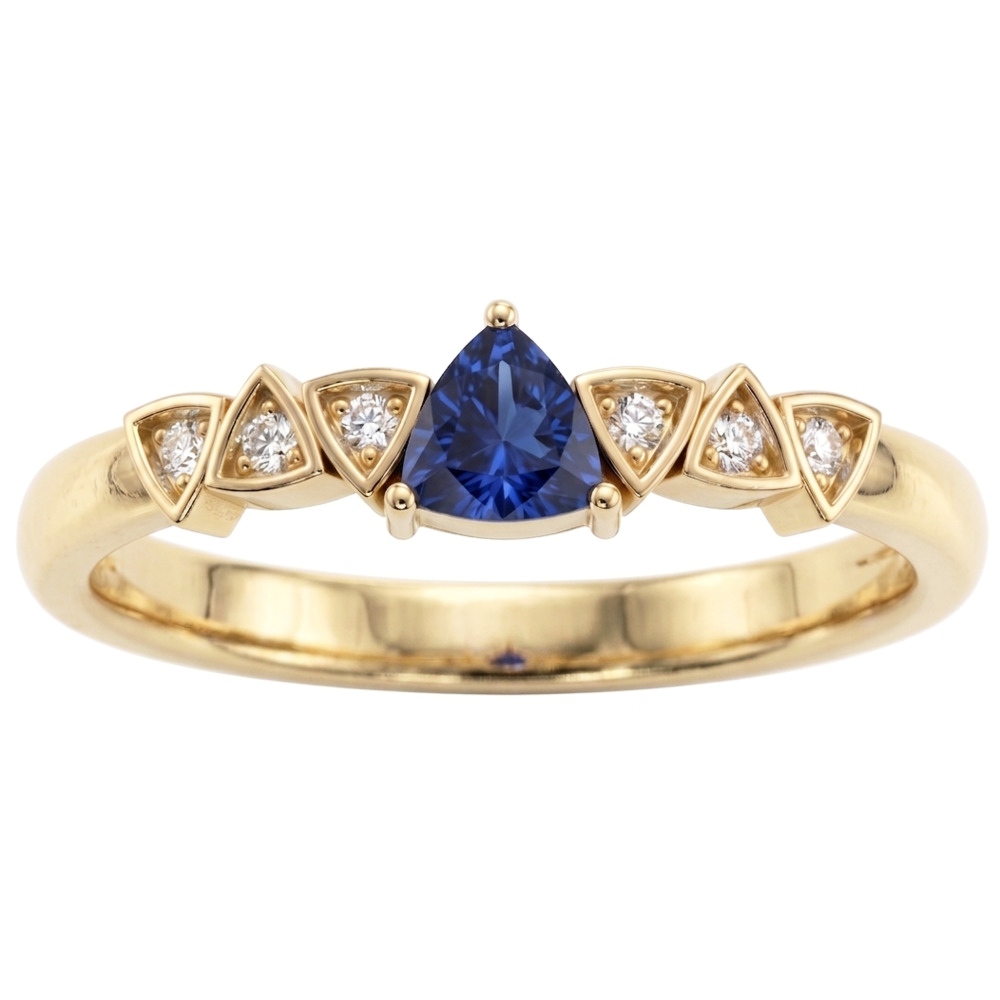 Blue Sapphire & Round Natural Earth Mined Diamond Ring Trillion Shaped 0.75 Carats