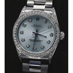 Blue Custom Diamonds Dial Midsize No Date Rolex Watch Bracelet Ss