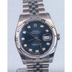 Blue Dial Custom Diamonds Rolex Men Date Just Watch Fluted Bezel Ss QUICK SET